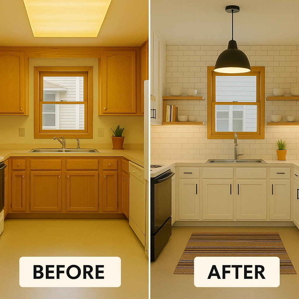 Side-by-side comparison of a kitchen before and after a $1,000 budget remodel, showing the shift from oak cabinets and fluorescent lighting to white shaker cabinets, modern lighting, subway tile backsplash, and a cozy rug.