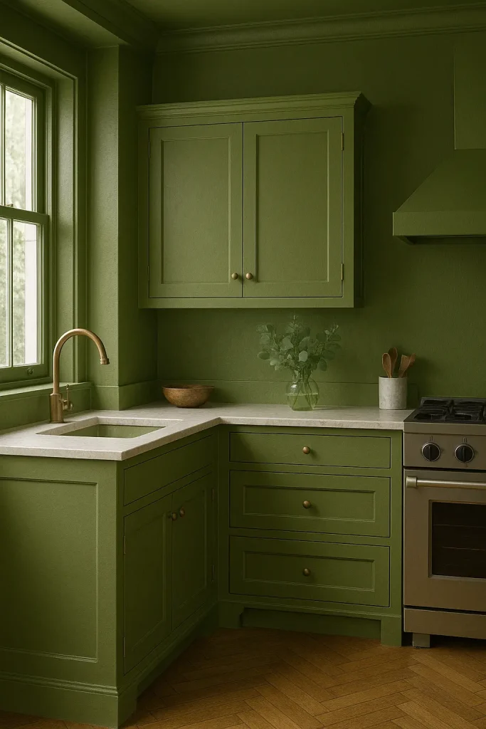 A kitchen fully painted in olive green, including cabinets, walls, and hood, with antique brass hardware, a white stone countertop, and warm wood herringbone flooring. A window above the sink lets in natural light, highlighting a vase with eucalyptus and other minimal decor.