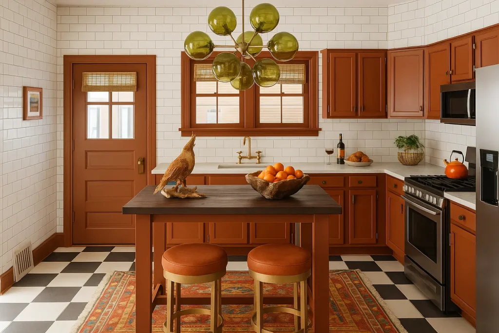 A cozy kitchen showcasing an analogous color scheme of terracotta, rust, and burnt sienna. The space features warm-toned cabinets, a dark wood island with matching stools, a green glass chandelier, white subway tile walls, and a patterned rug. Accents include a bowl of oranges and natural wood and brass details.