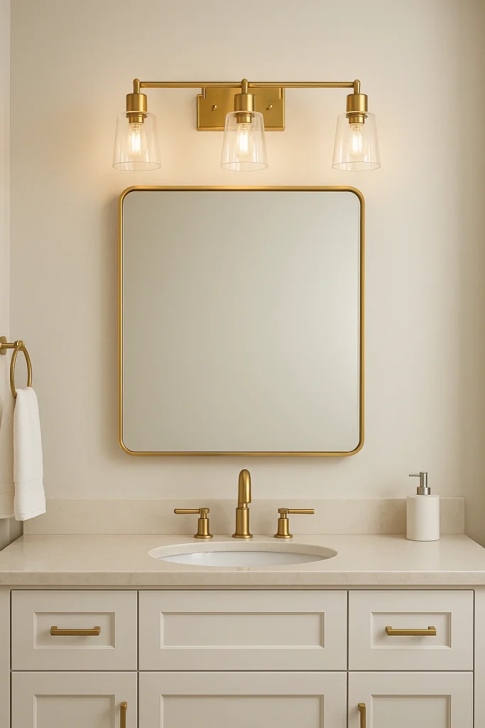 A stylish bathroom featuring a neutral-toned vanity with gold hardware, a gold-framed mirror, and a three-light gold vanity fixture above, complemented by a marble countertop and white sink.
