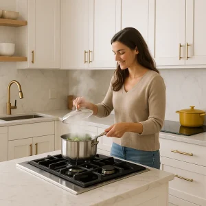 Woman steaming broccoli on a stovetop in a modern white shaker kitchen with marble countertops, gold hardware, and open wooden shelves.