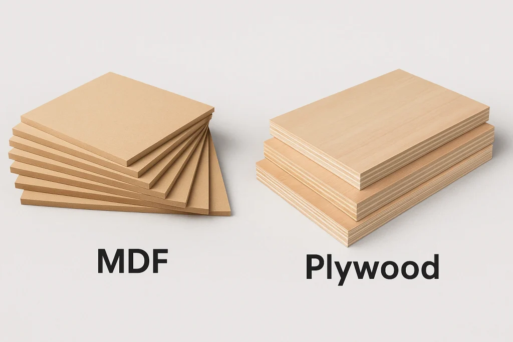 Side-by-side comparison of MDF and plywood sheets. MDF panels are smooth and uniform, while plywood sheets display layered wood veneers.