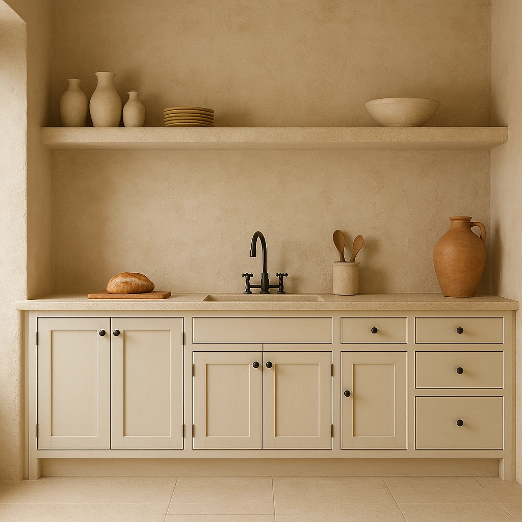 A modern stucco kitchen featuring beige textured walls, shaker-style cabinets, a farmhouse sink with a black faucet, and natural décor including ceramic vases, wooden utensils, and a terracotta jug.