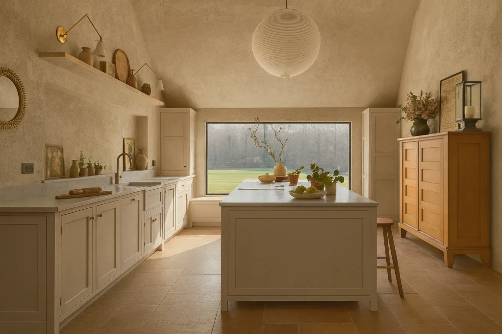 A warm stucco kitchen featuring textured walls, shaker cabinets, a large central island with a marble countertop, and floor-to-ceiling window bringing in natural light, styled with rustic pottery, fresh greenery, and wooden accents.