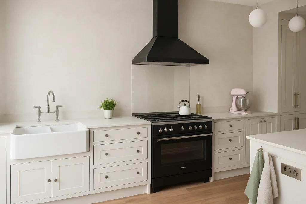 A bright modern stucco kitchen featuring smooth textured walls, white shaker cabinets, a farmhouse sink, black range hood with matching oven, and a pastel pink stand mixer on the countertop, styled with minimal décor and natural light.