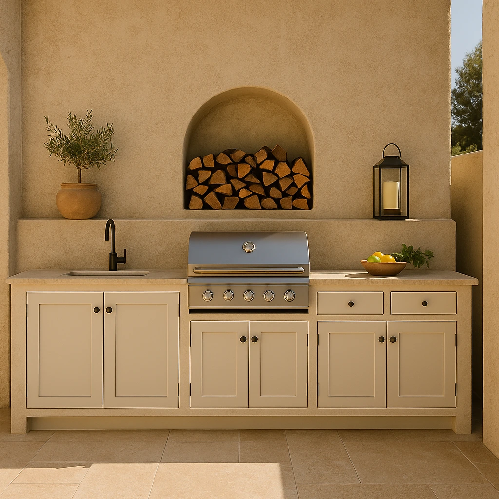 A modern outdoor stucco kitchen featuring beige textured stucco walls, white shaker cabinets with black hardware, a stainless steel built-in gas grill, and natural accents including stacked firewood, a terracotta planter, and a lantern.